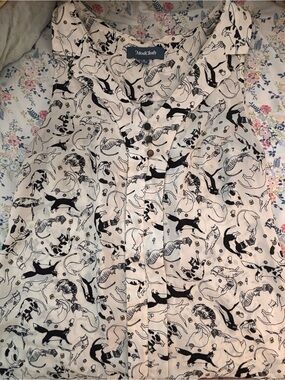 ModCloth Cream and Black Cat-Print Button Front Tank
